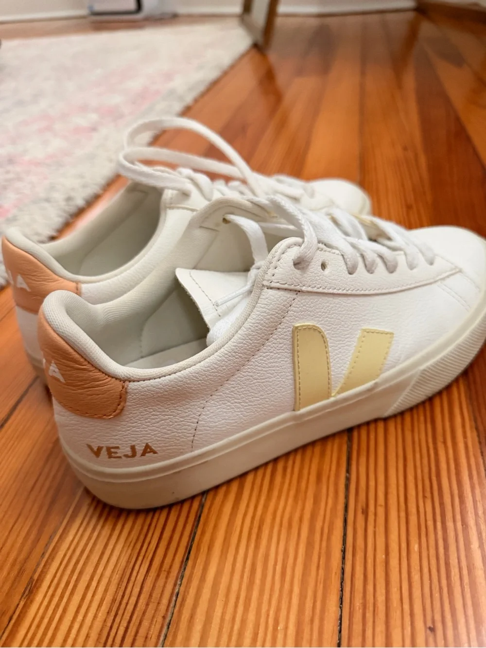 Veja Women’s White Sneakers with Pale Yellow V and Peach Heel - Picture 3 of 5